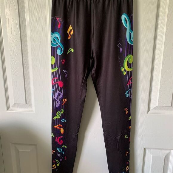 Women's Music Note Print Leggings Multicolor Size L Casual‎ - Picture 1 of 13